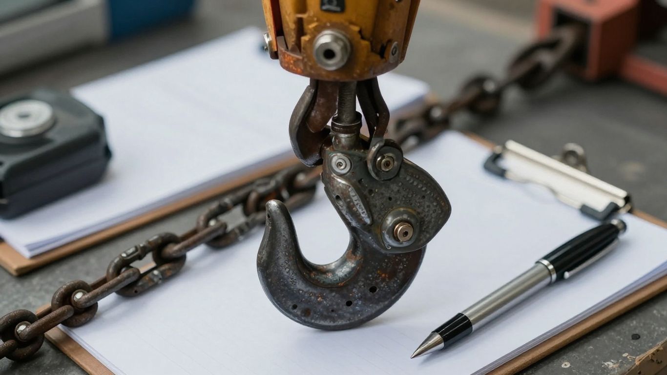 Crane hook and chain inspection detail.