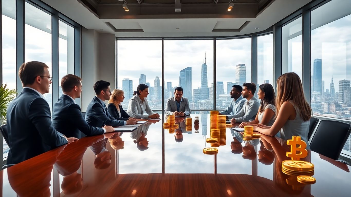 Professionals discussing crypto fund growth in a modern office.