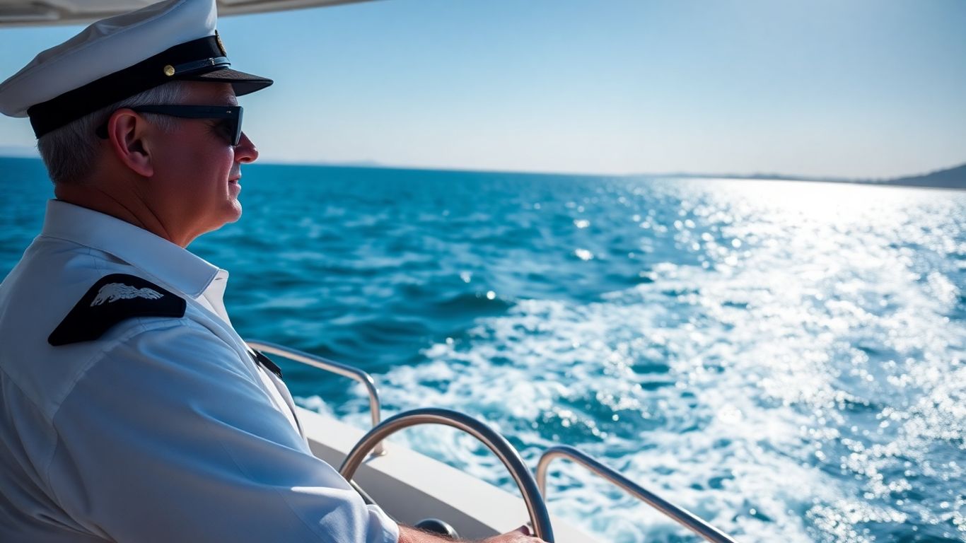 Boat captain steering a ship on the ocean.