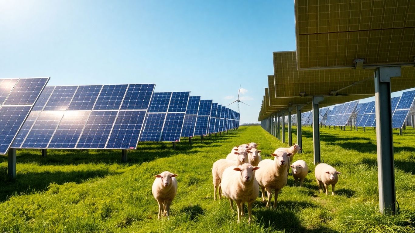 Moutons broutant paisiblement sous des panneaux solaires.