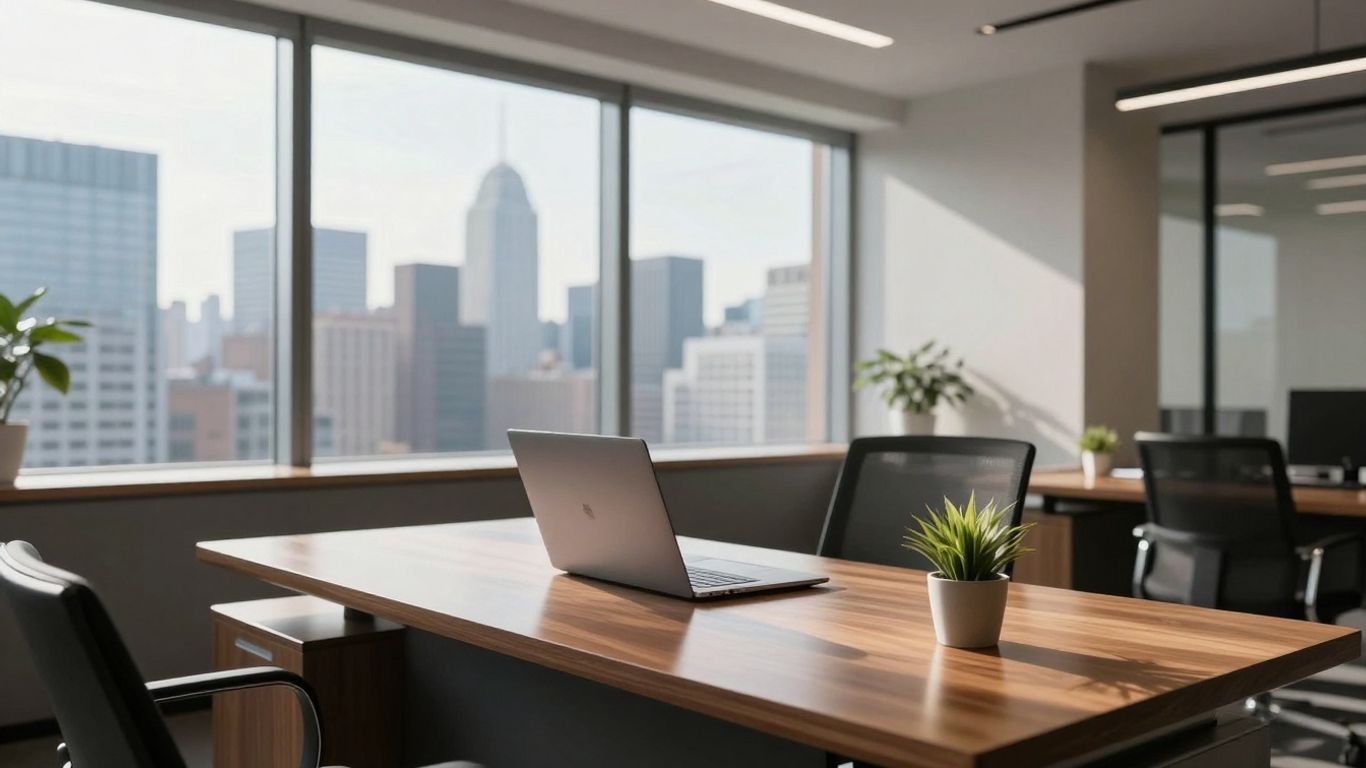 Modern office with city view, laptop on desk.