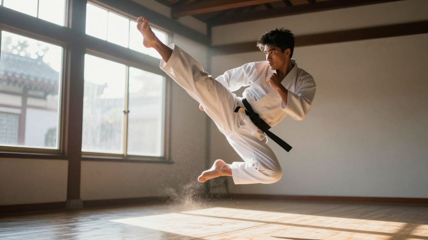 Martial artist performing a powerful kick in a sunlit dojo.