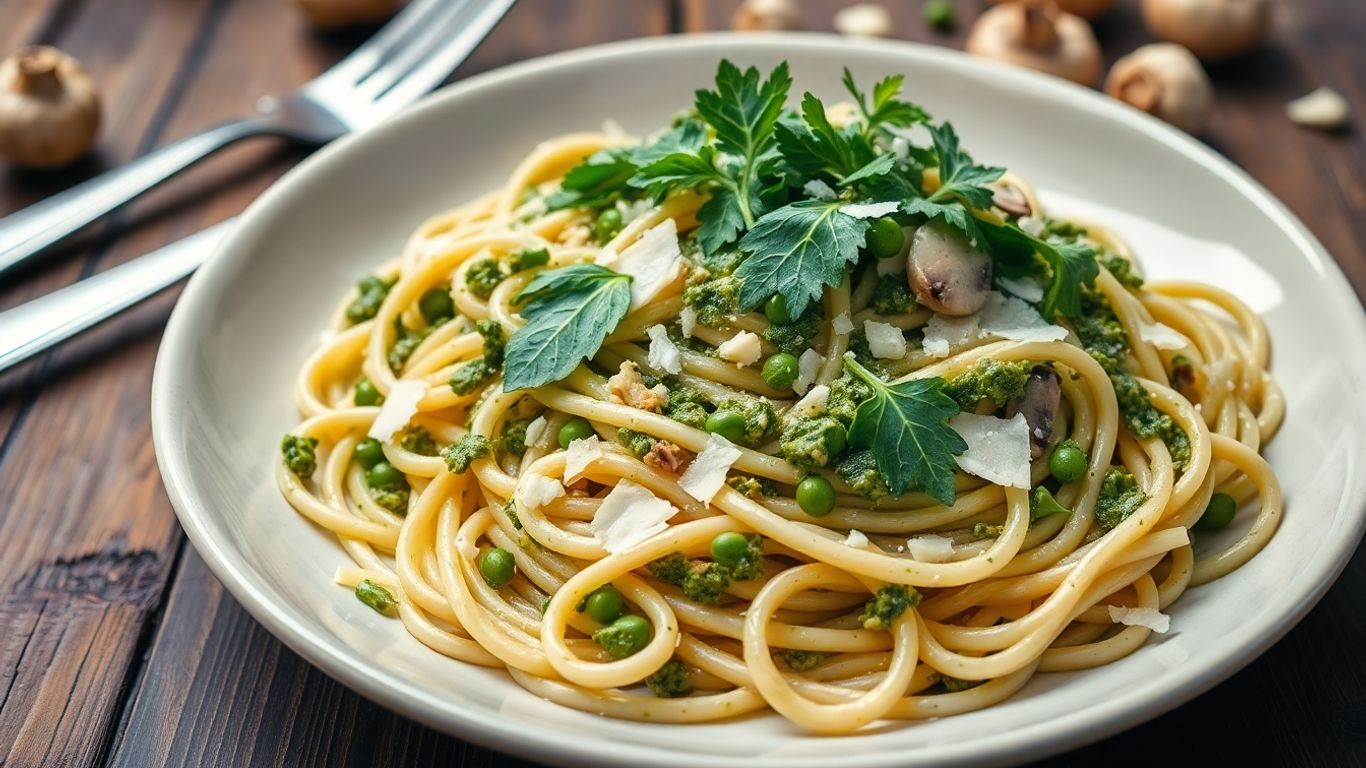 Linguine pasta with mushroom pesto and salad rocket
