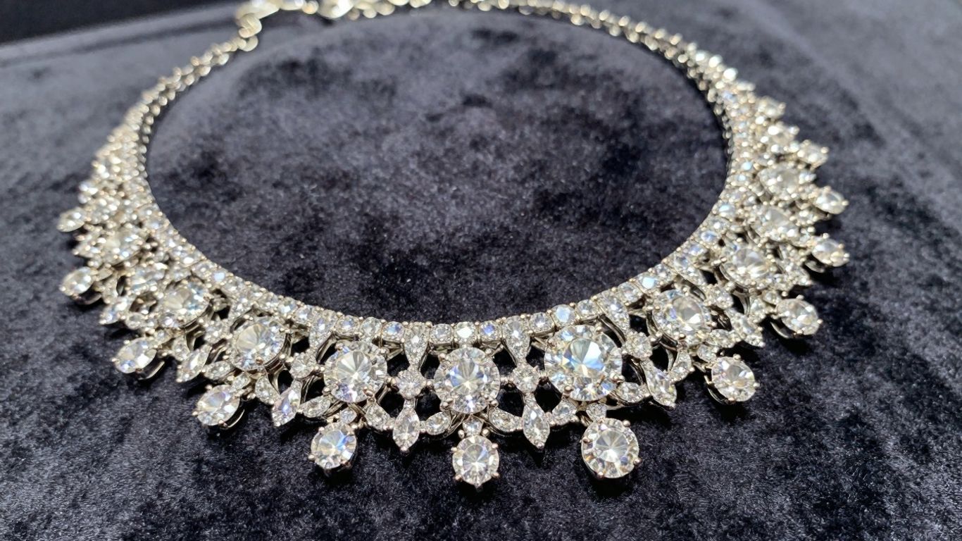 Diamond necklace with gold filigree on velvet