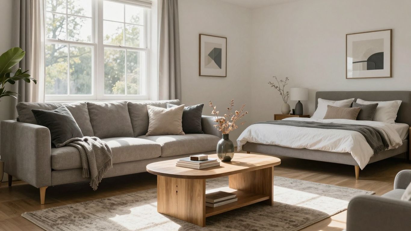 Stylish Airbnb living room and bedroom with modern furnishings.