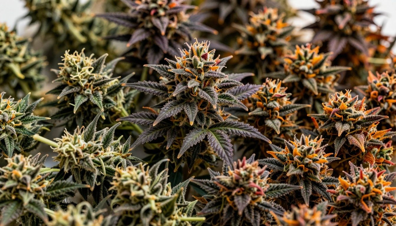 Colorful marijuana buds with visible trichomes.