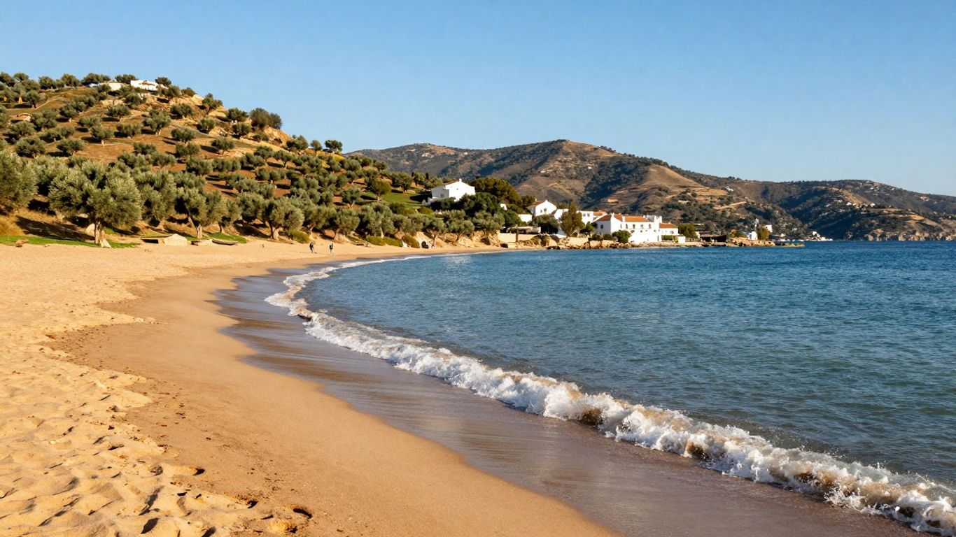 Mediterranean coast in autumn with golden beaches and olive groves.