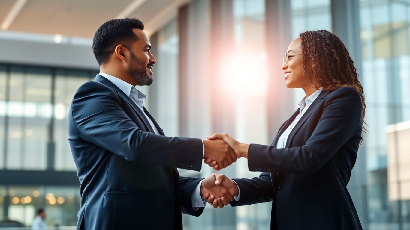 Professional handshake in a modern office setting.