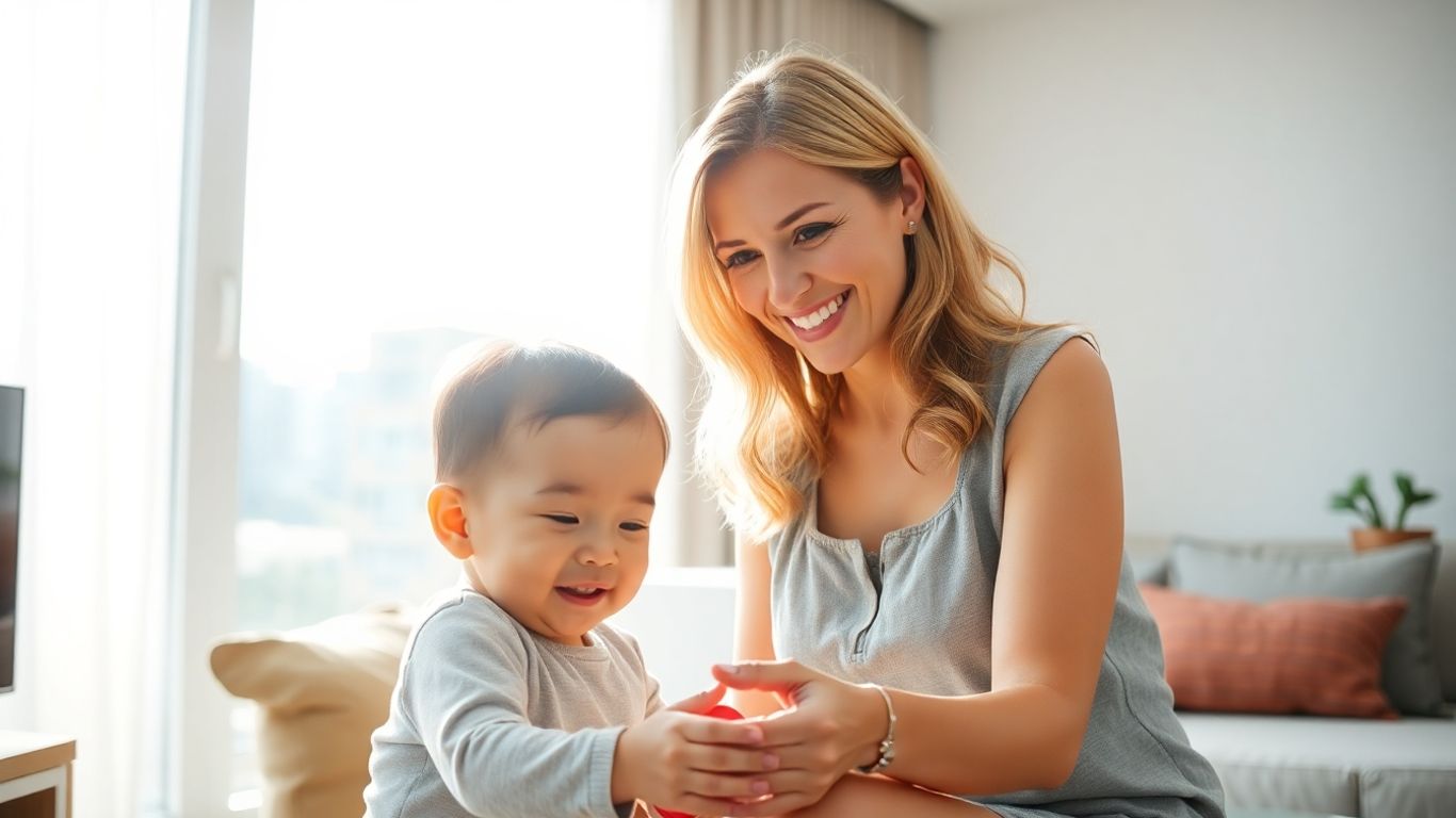 Nanny playing with child in Bangkok apartment.