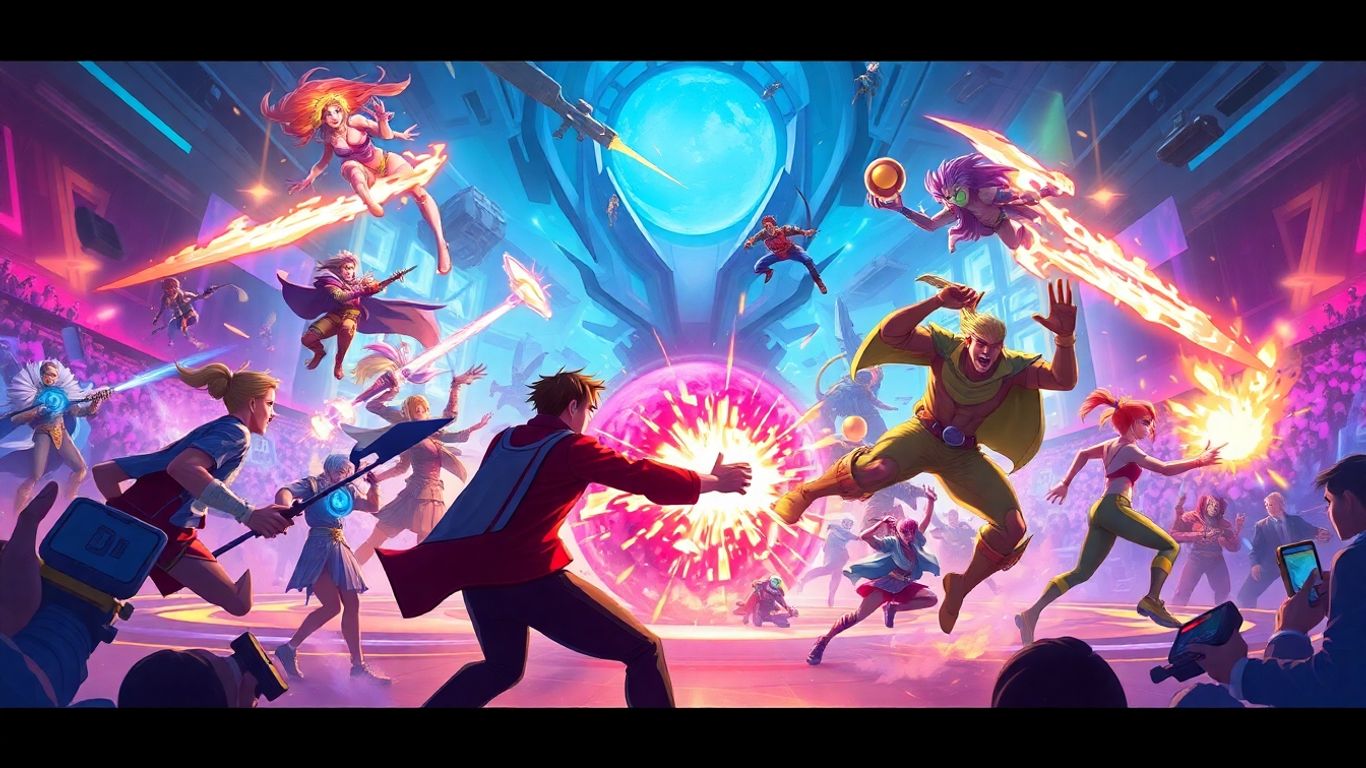 Esports games arena with dynamic characters and energy effects.
