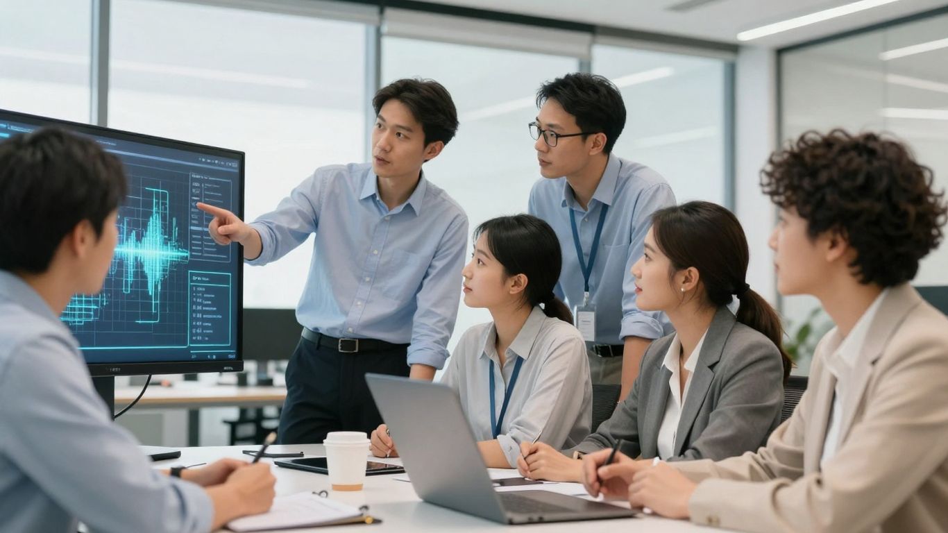 Team collaborating in a modern office with digital patterns.