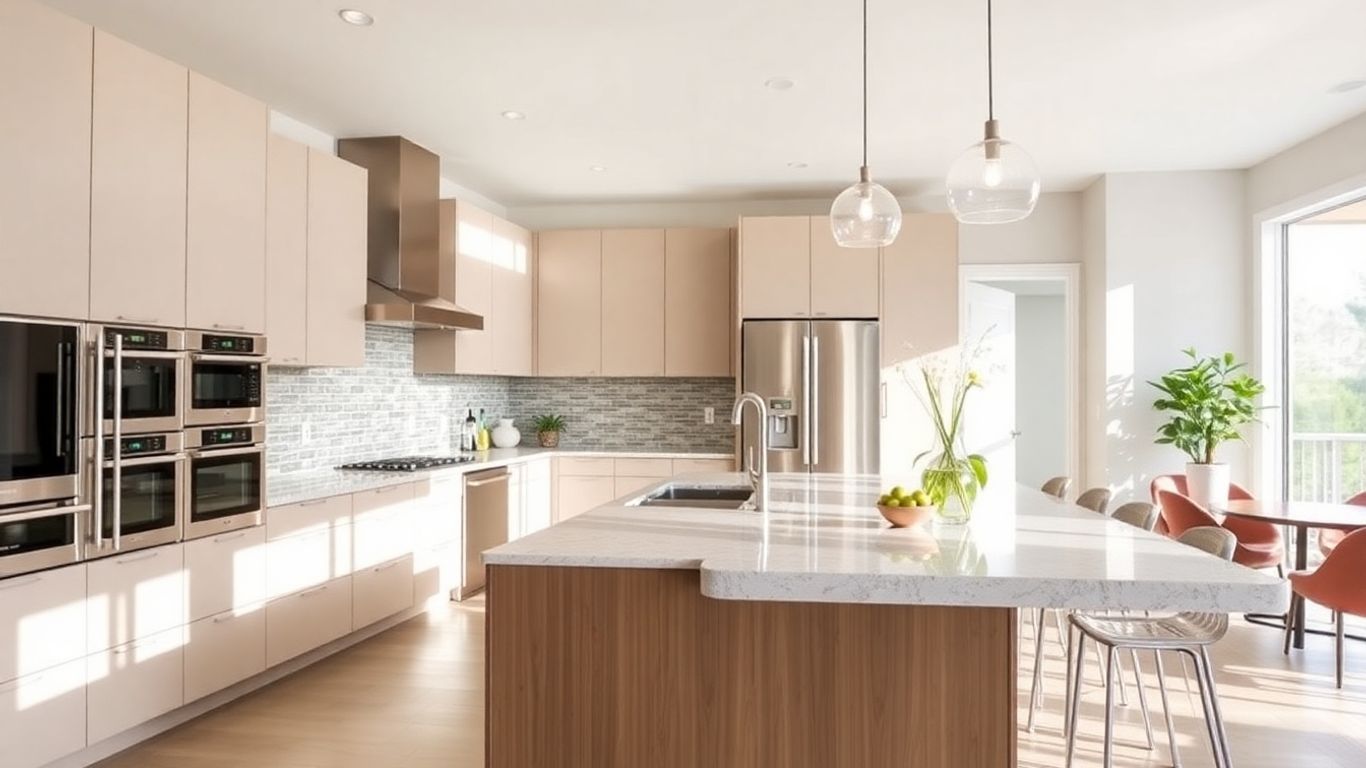 Modern renovated kitchen with island and natural light.