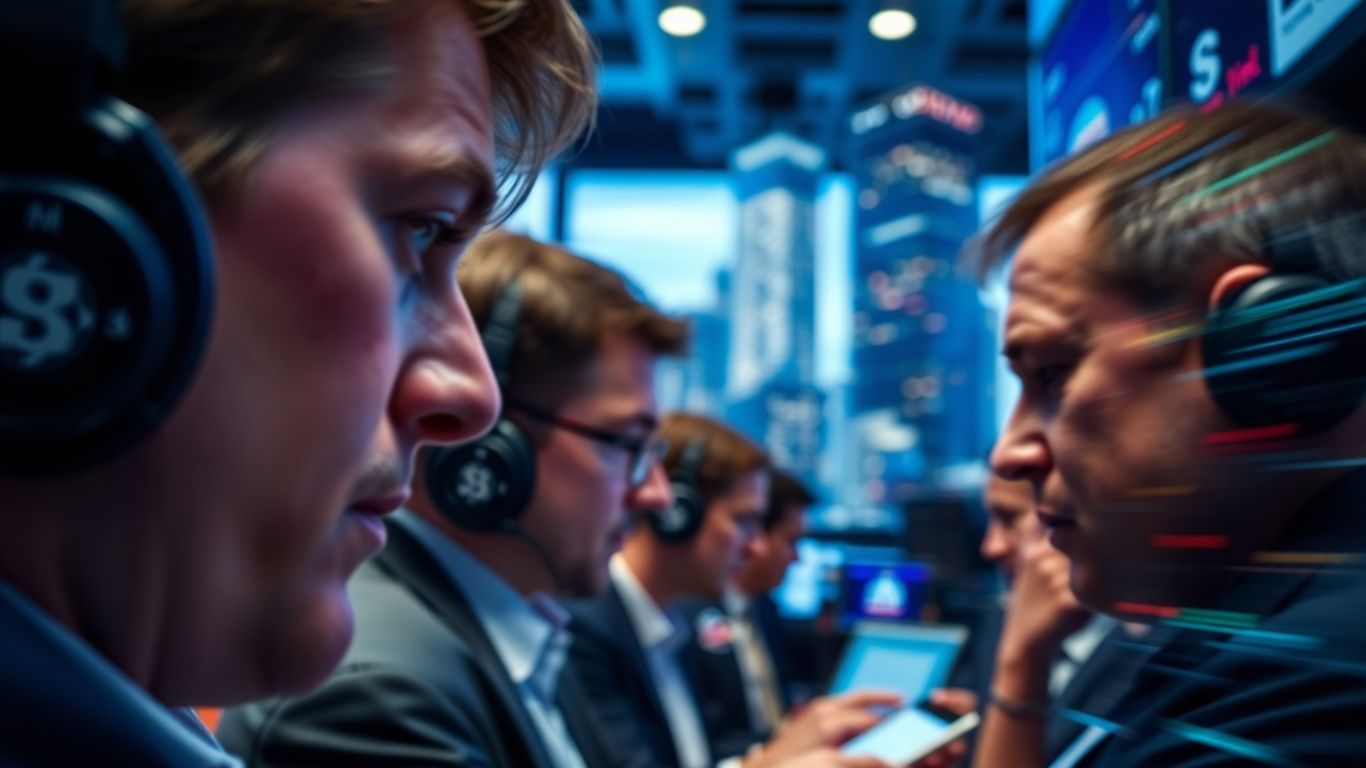 Financial trading atmosphere with focused faces and cityscapes.