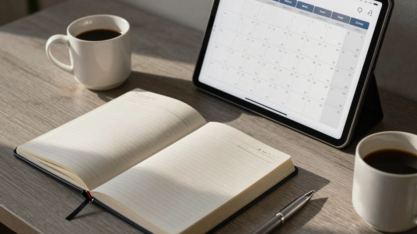 Retail calendar grid with planning elements on a desk.