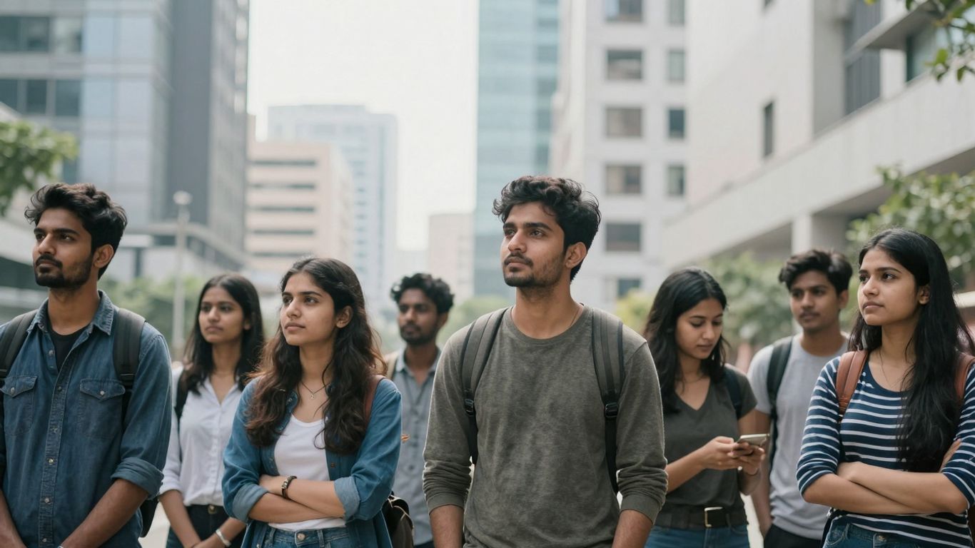 Tineri gânditori într-un peisaj urban modern.