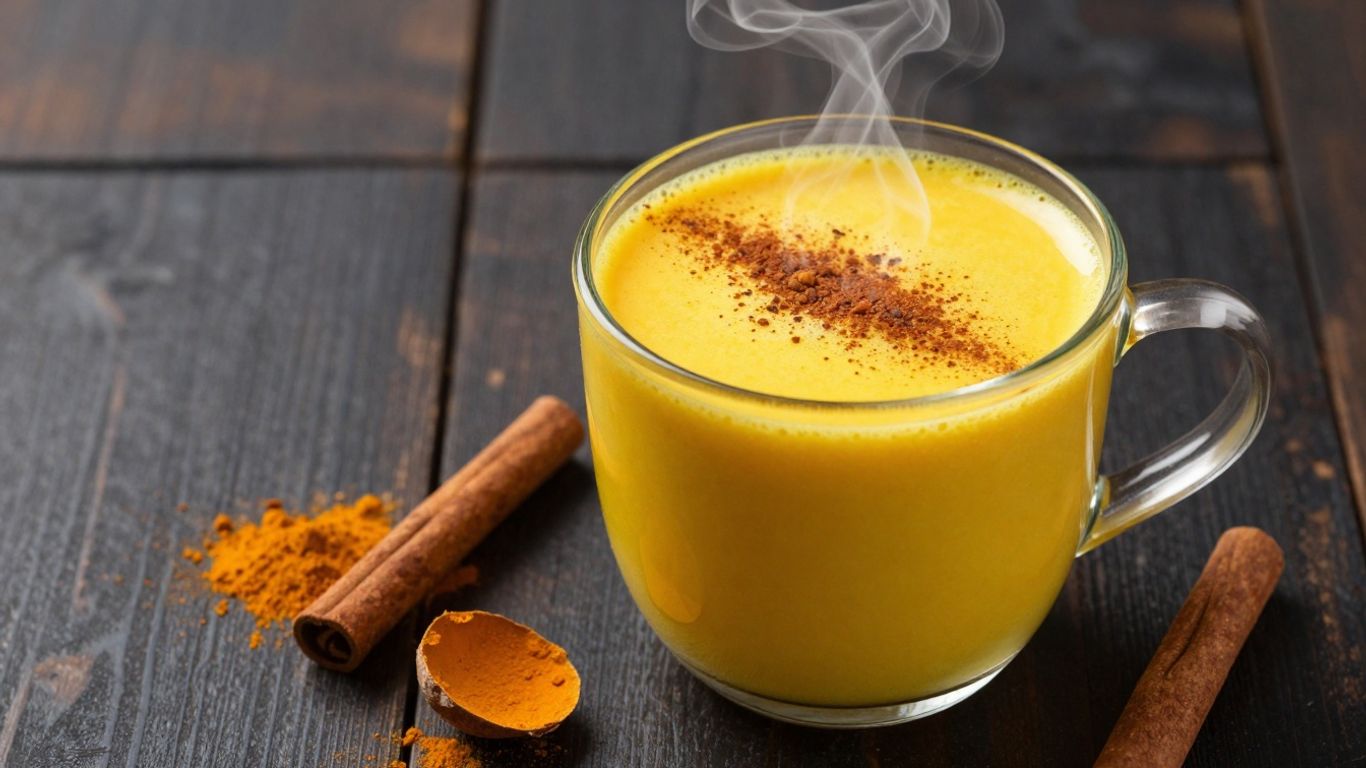 Goldene Milch in einer Tasse mit Zimt und Kurkuma