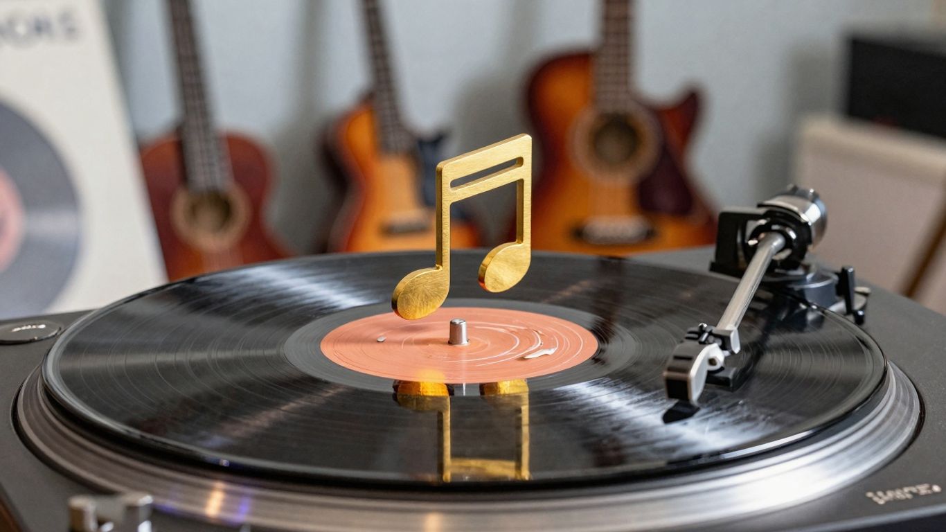 Vinyl record spinning with golden music note.