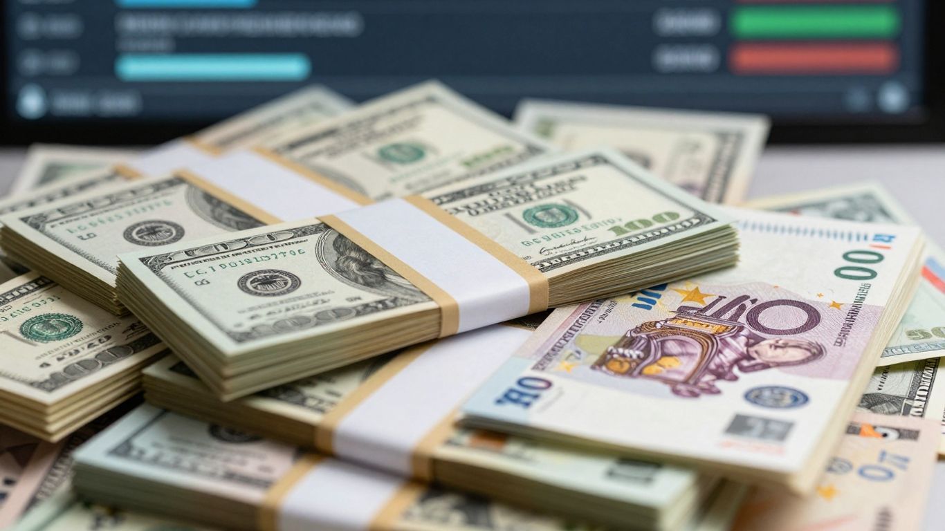 Stacks of global currency with a financial background.
