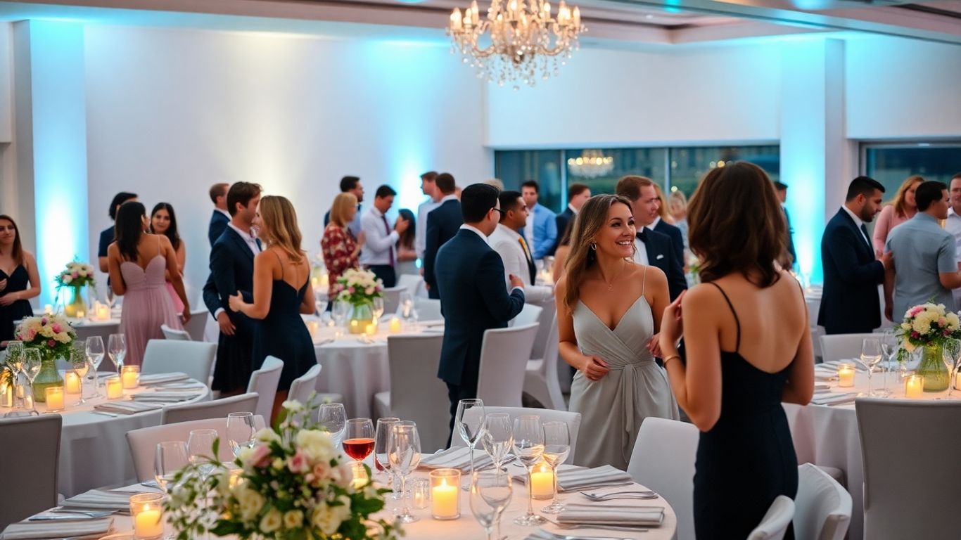 Modern wedding reception with chic decor and happy couples.