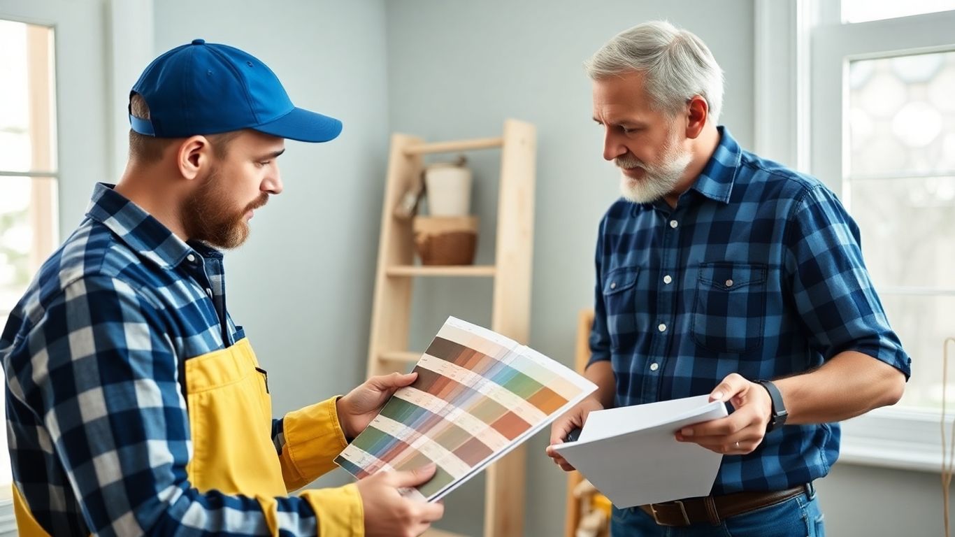 Painter and homeowner discussing paint colors and materials.
