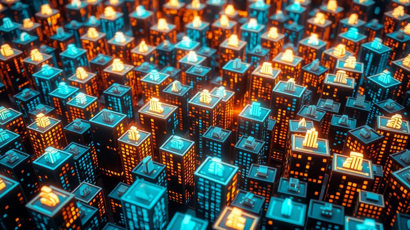 Dense cluster of financial building icons.