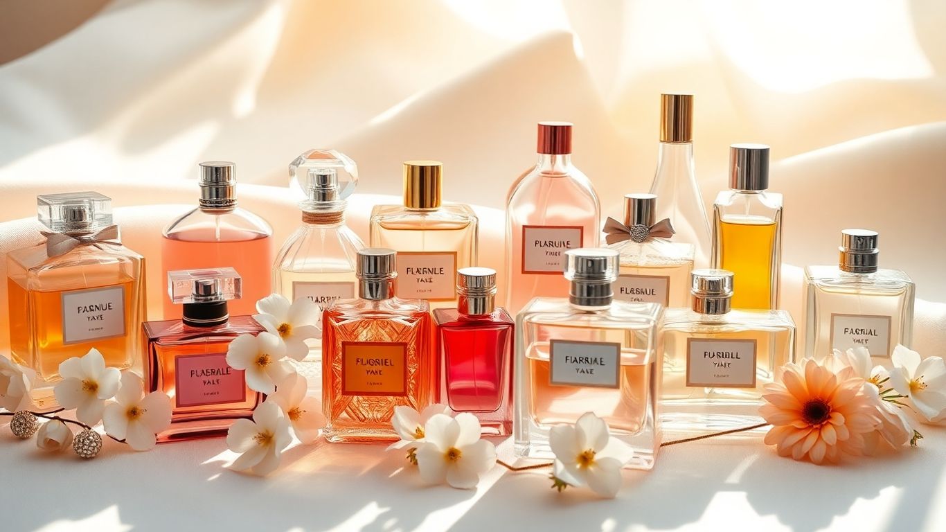 Collection of popular perfume bottles with floral accents.