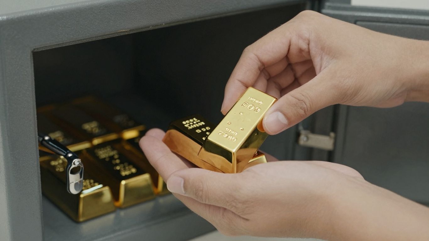一只手将黄金放入保险箱。
