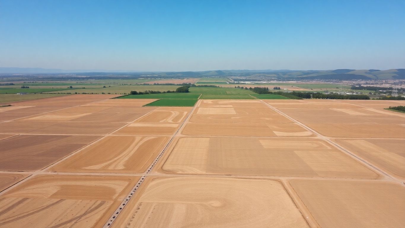 Expansive industrial land with rolling green hills under a clear sky.