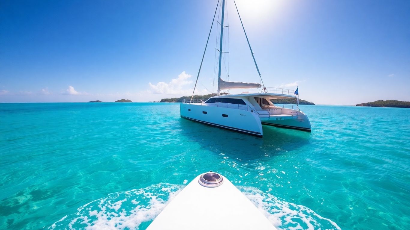 Catamaran sailing on clear turquoise Caribbean waters near islands.
