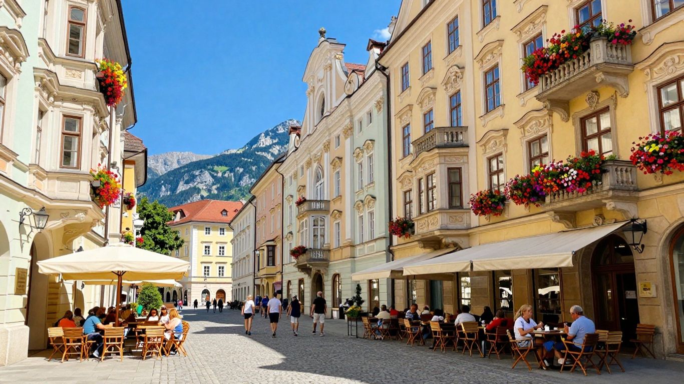 Österreichische Stadt mit barocker Architektur und Bergen.