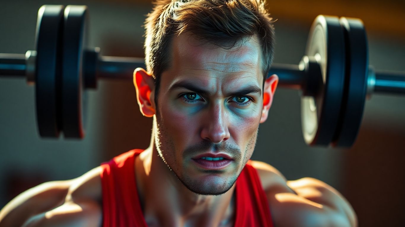 Atleta em movimento, com cores vibrantes e expressão determinada.