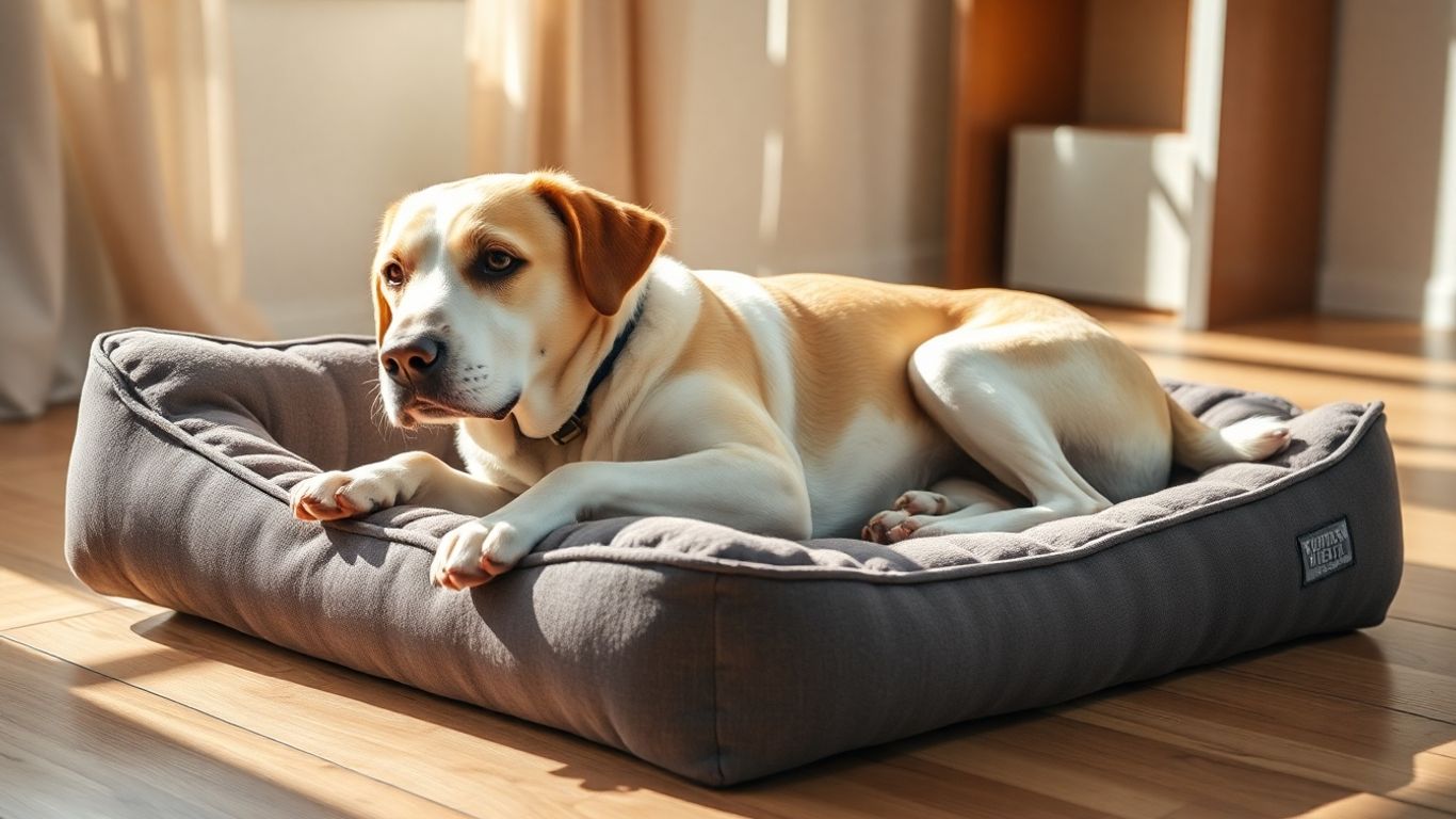 Dog with hip dysplasia resting on orthopedic bed.