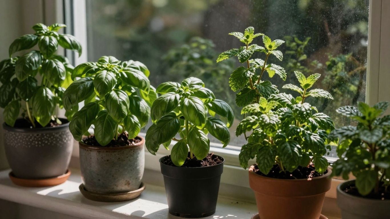 Indoor Kräutergarten mit frischen Kräutern im Winterlicht.