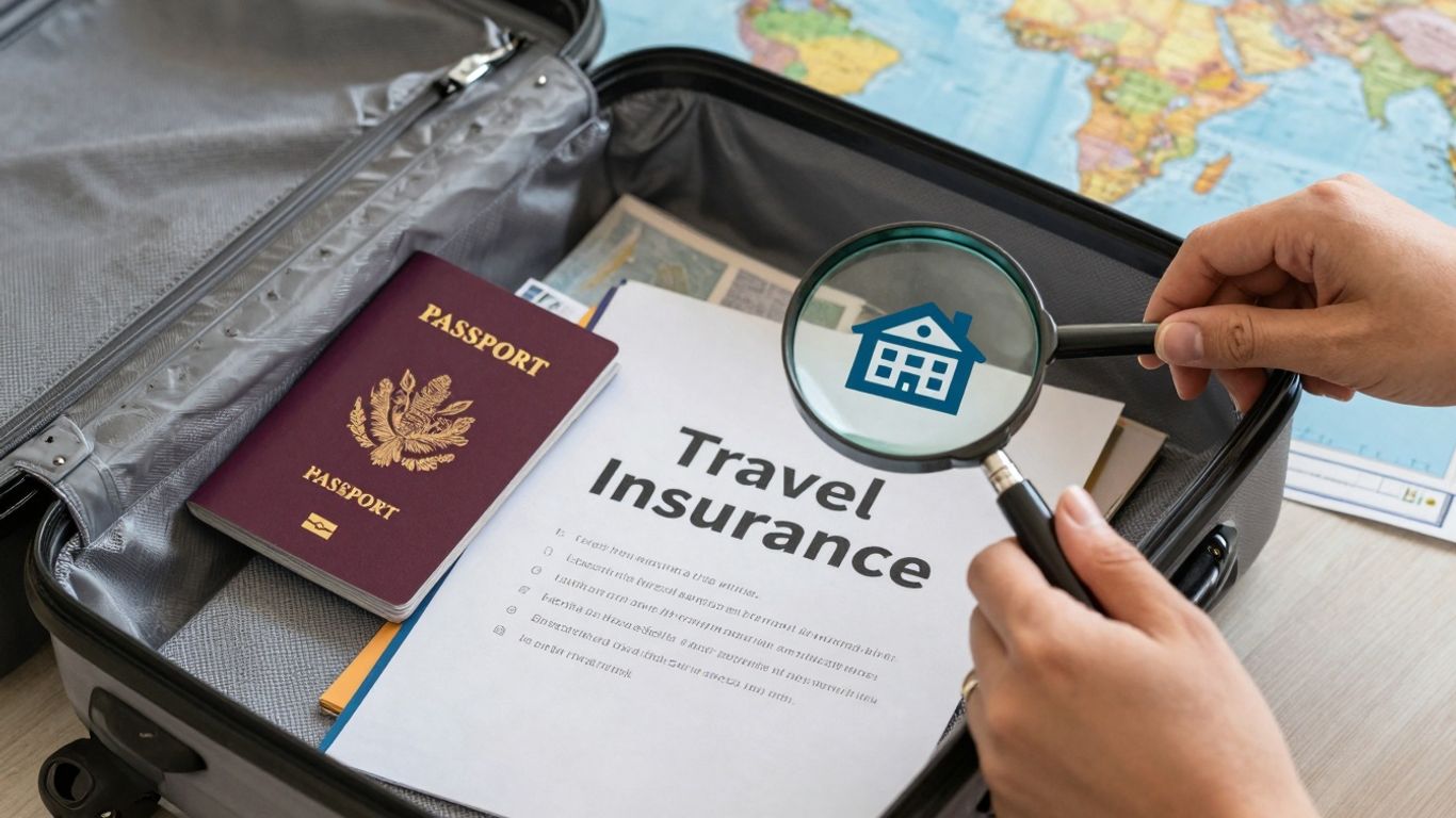 Packing for a trip with travel insurance documents.