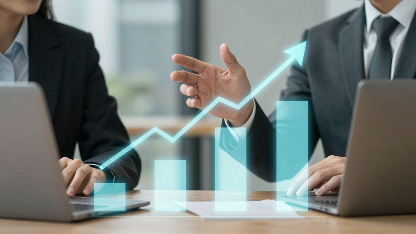 Business professionals discussing company growth and stability.