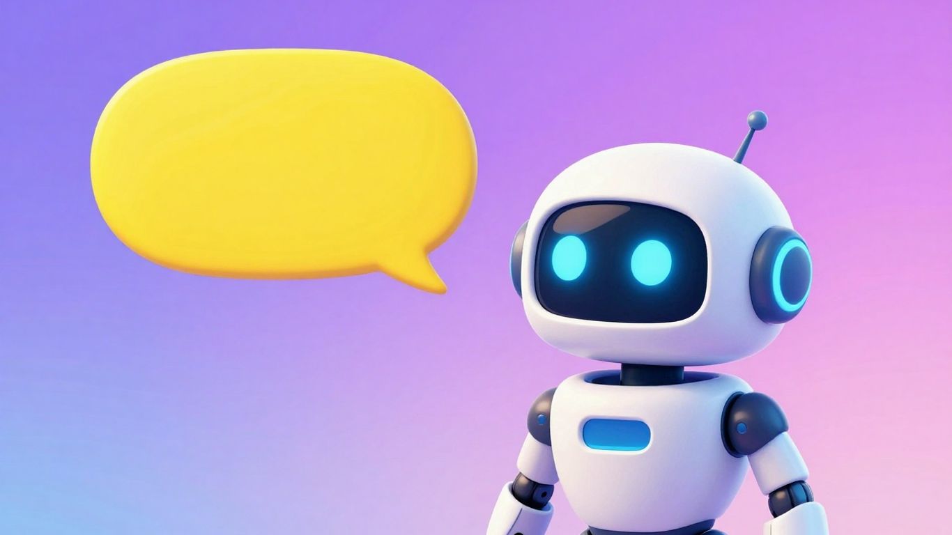 Robot character in a game-like setting with conversation bubbles.