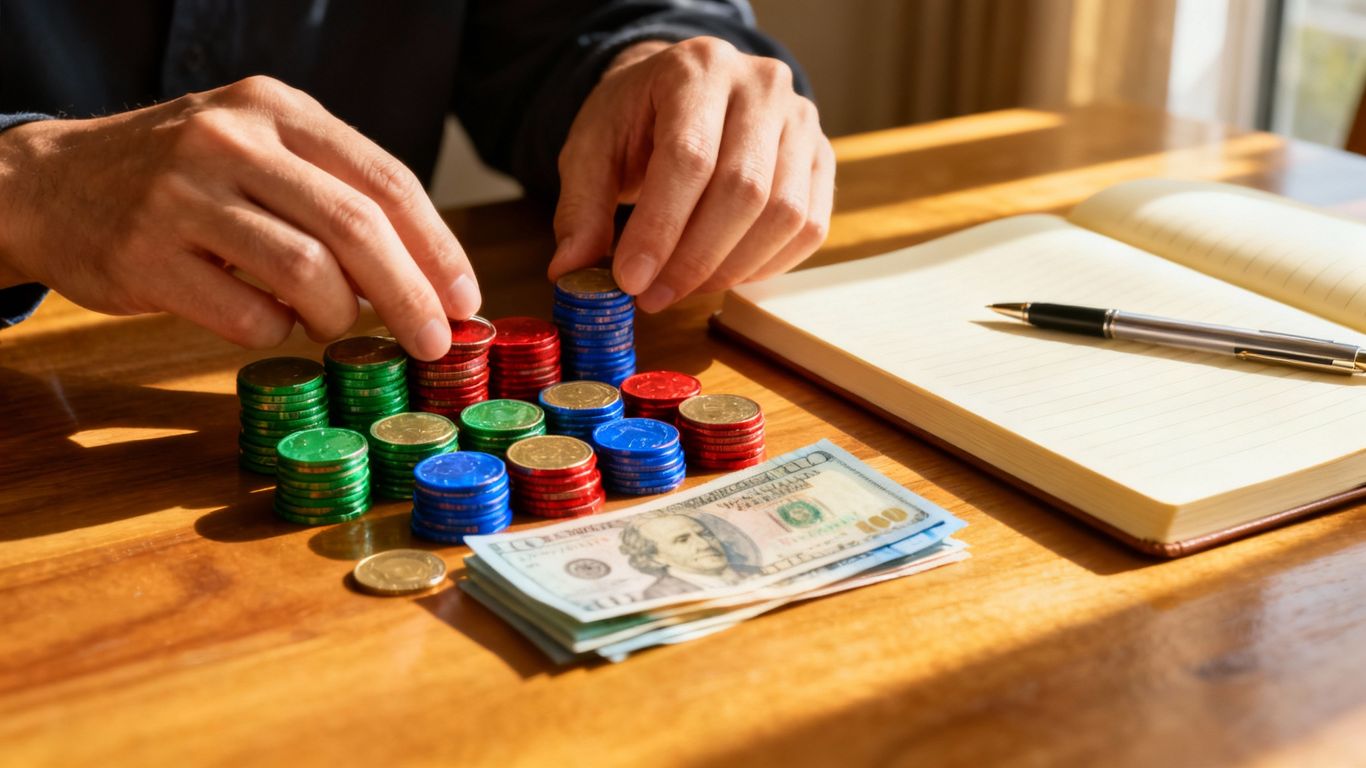 Person organizing money for a budget.