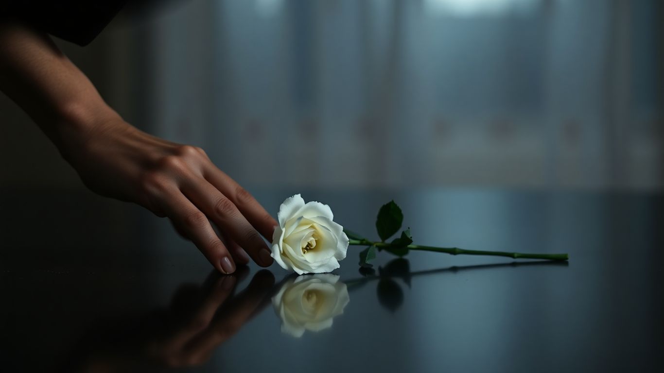 Mão depositando rosa branca em superfície escura.