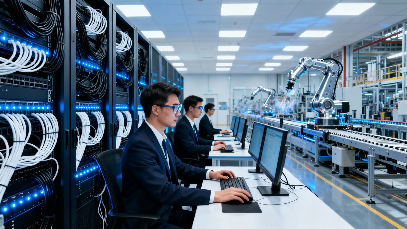 Manufacturing IT support technicians working in a server room.