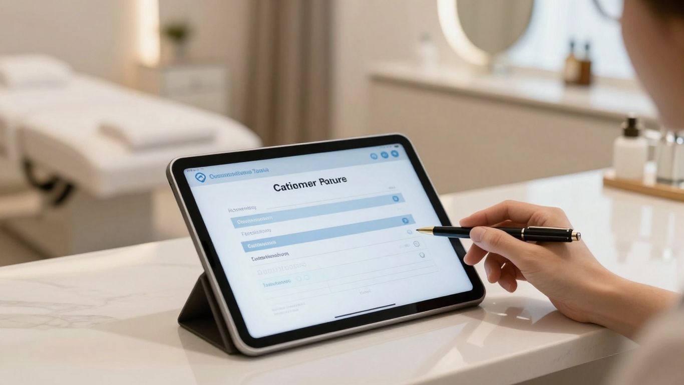 Beauty clinic reception with client feedback survey on tablet.