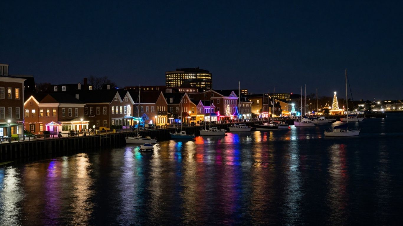 Newport, Rhode Island at night with harbor and historic buildings.