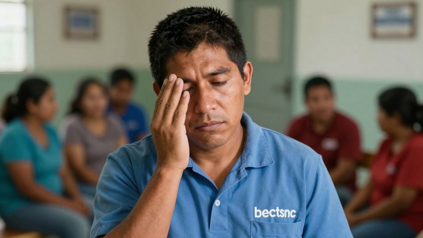 Staff member in a homeless hostel looking tired but determined.