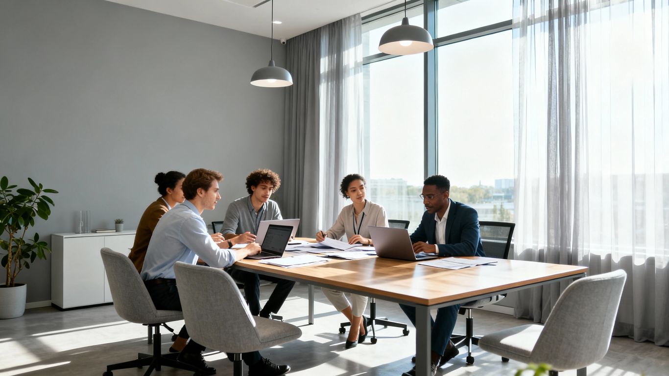 Team collaborating in a modern, bright office.