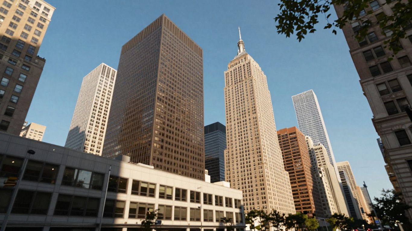 New York City skyline with skyscrapers and office buildings.
