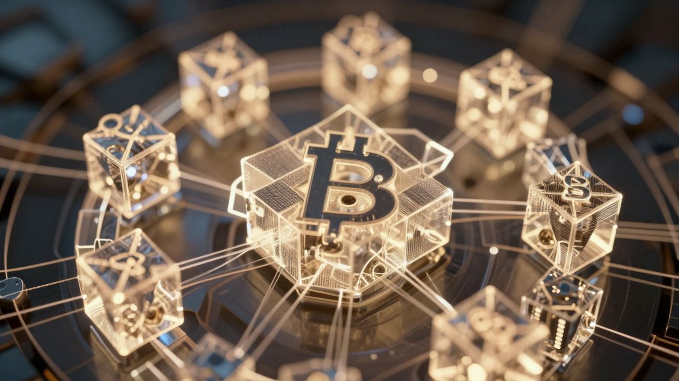 Interconnected digital blocks forming a blockchain network.