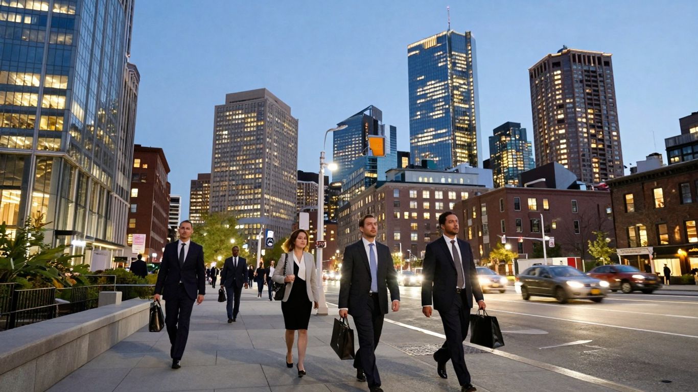 Boston skyline with professionals, marketing jobs