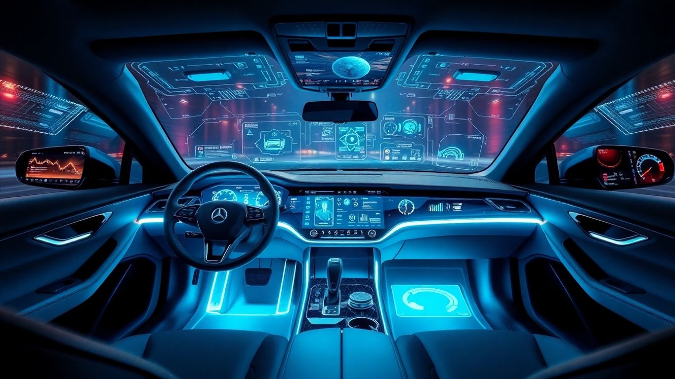 Futuristic car interior with holographic displays and advanced technology.
