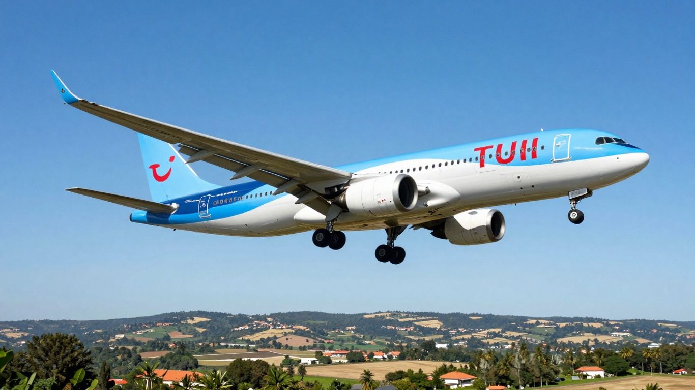 TUIfly-vliegtuig vliegend in een blauwe lucht boven een landschap.