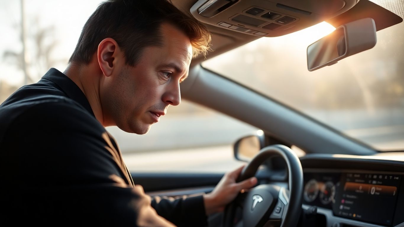 [Elon Musk] in a futuristic car, looking at the dashboard.