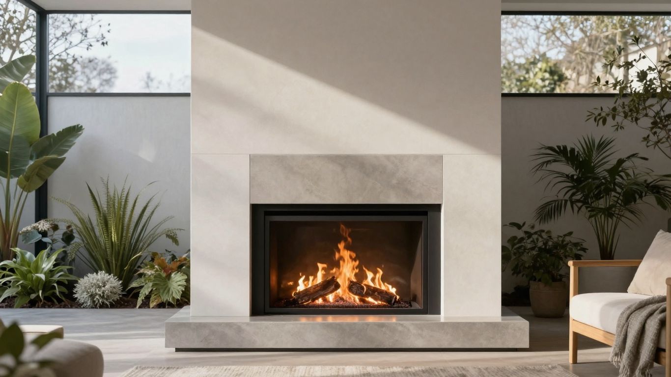 Moderner Kamin im Wintergarten mit warmem Feuer